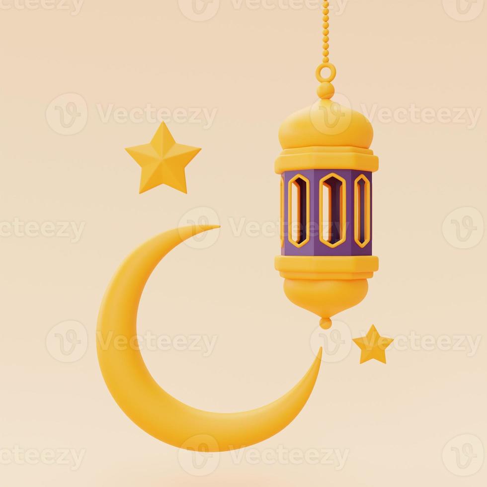 Saluti ramadan 3d con lanterna e luna crescente, vacanze islamiche, raya hari, eid al adha, rendering 3d. foto