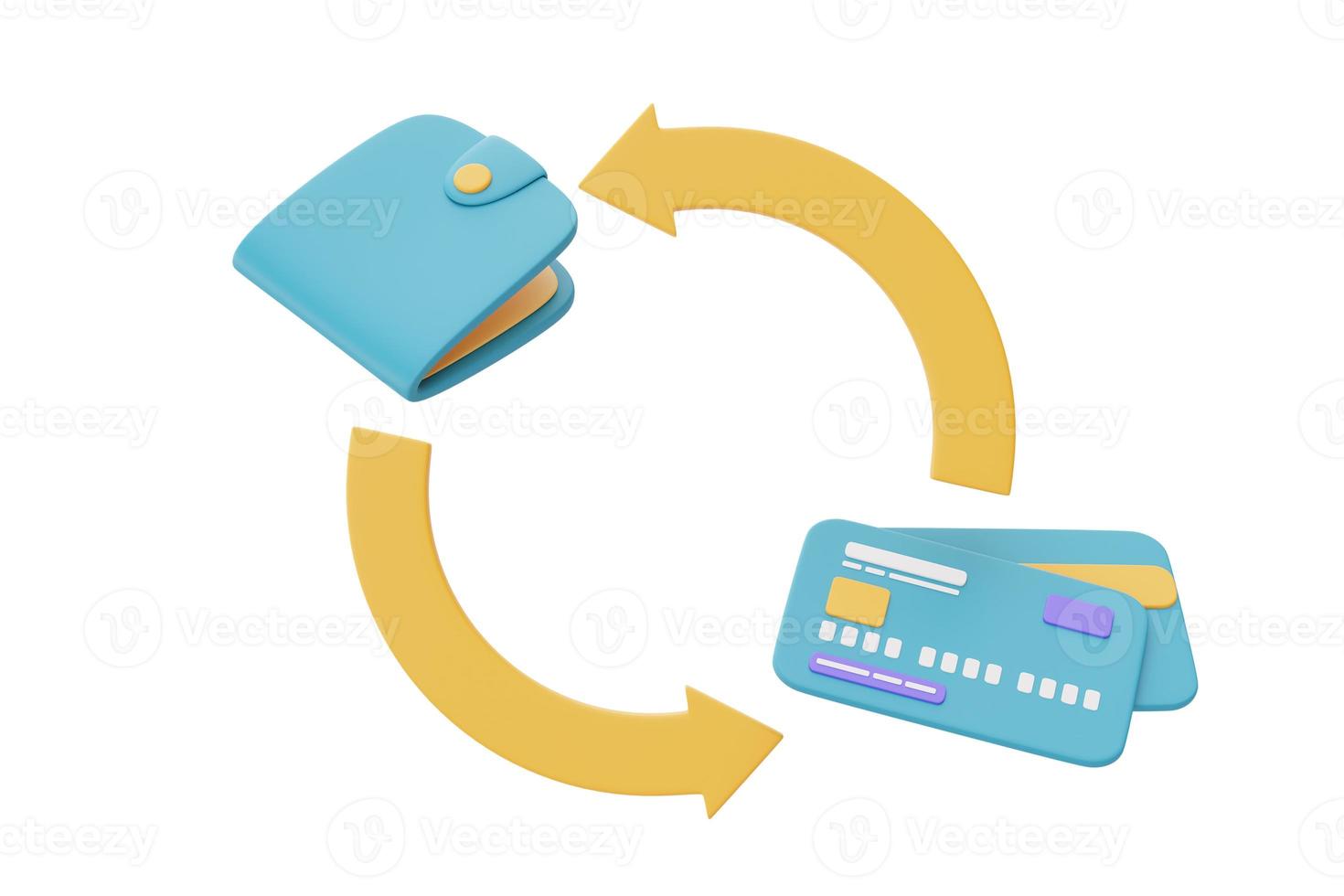 concetto di business, finanza o cambio valuta, globo con carte di credito blu e portafoglio, pagamento digitale, statistica di aumento del tasso di cambio, rendering 3d foto