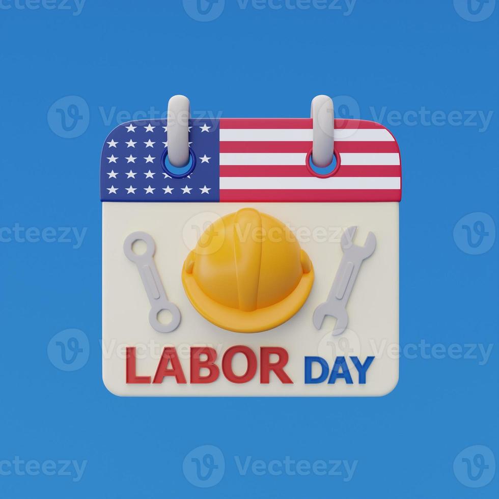 concetto di felice festa del lavoro usa con calendario e strumenti di costruzione su sfondo blu, rendering 3d foto