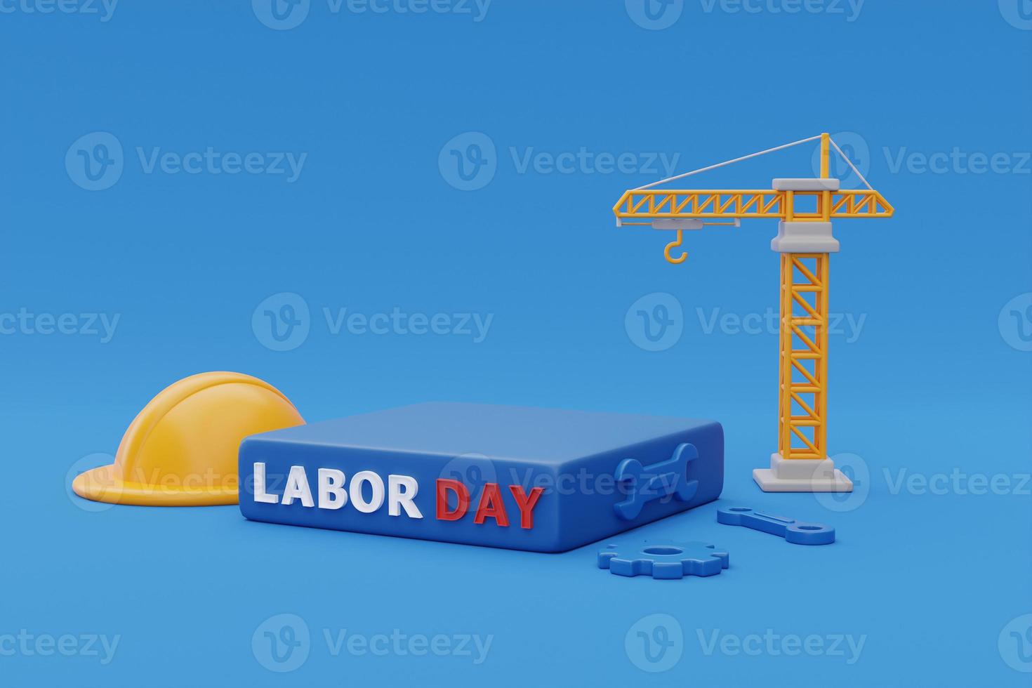 concetto di felice festa del lavoro usa, display sul podio con strumenti di costruzione e palloncino su sfondo blu, rendering 3d foto