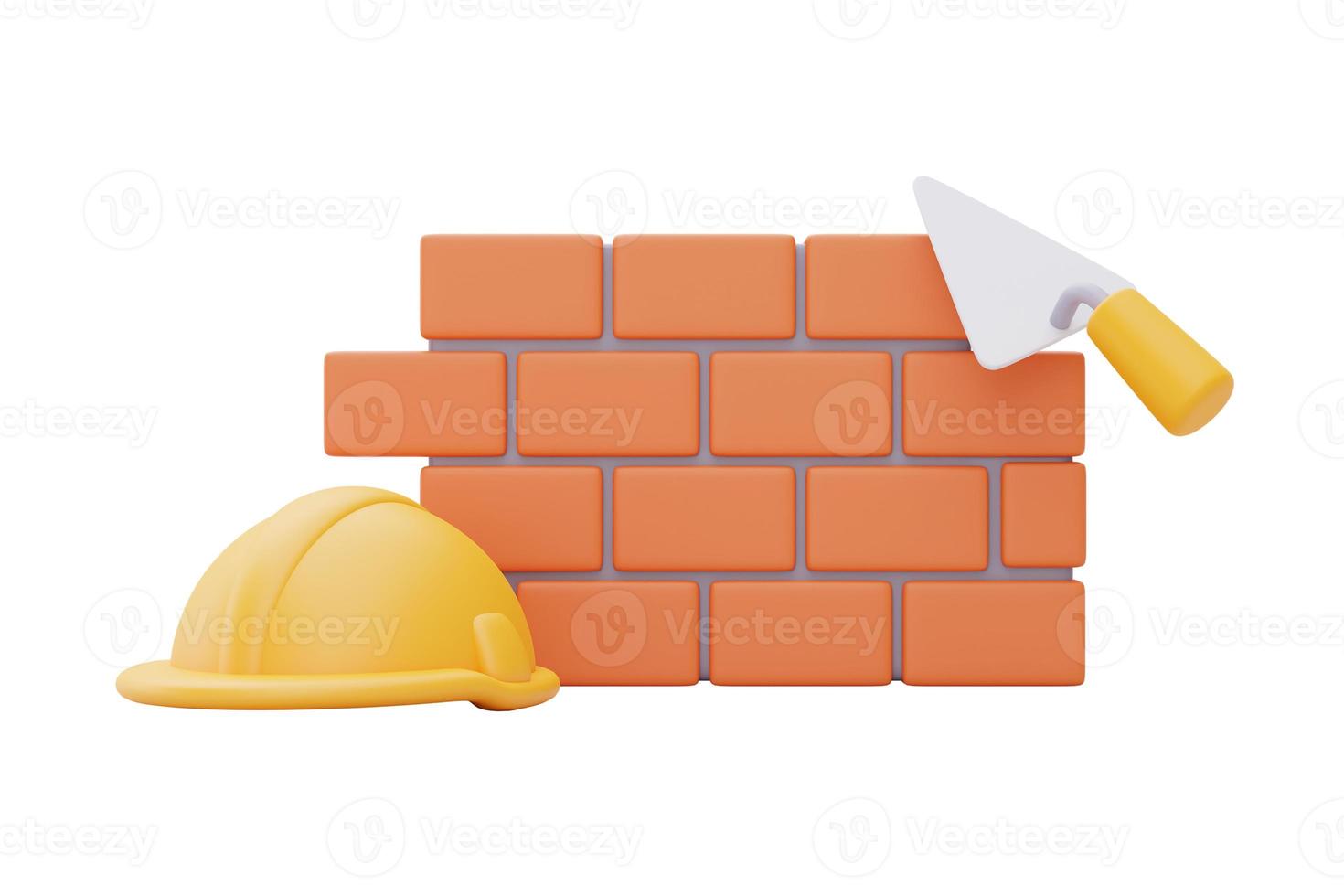 muro di mattoni con strumenti di costruzione, felice giorno del lavoro. Rendering 3d foto
