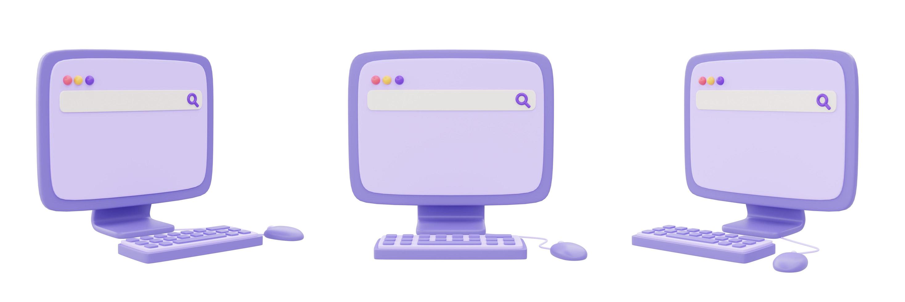 set di computer viola isolato su sfondo bianco, raccolta di oggetti concetto di shopping online, rendering 3d. foto