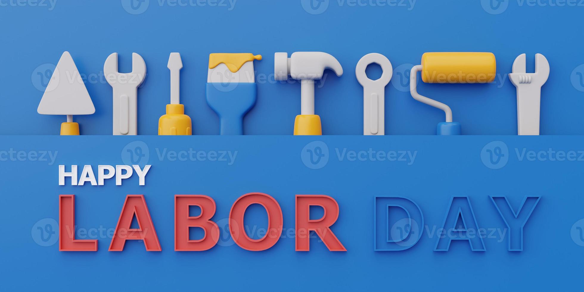 concetto di felice festa del lavoro usa con strumenti e attrezzature per la costruzione su sfondo blu, rendering 3d foto