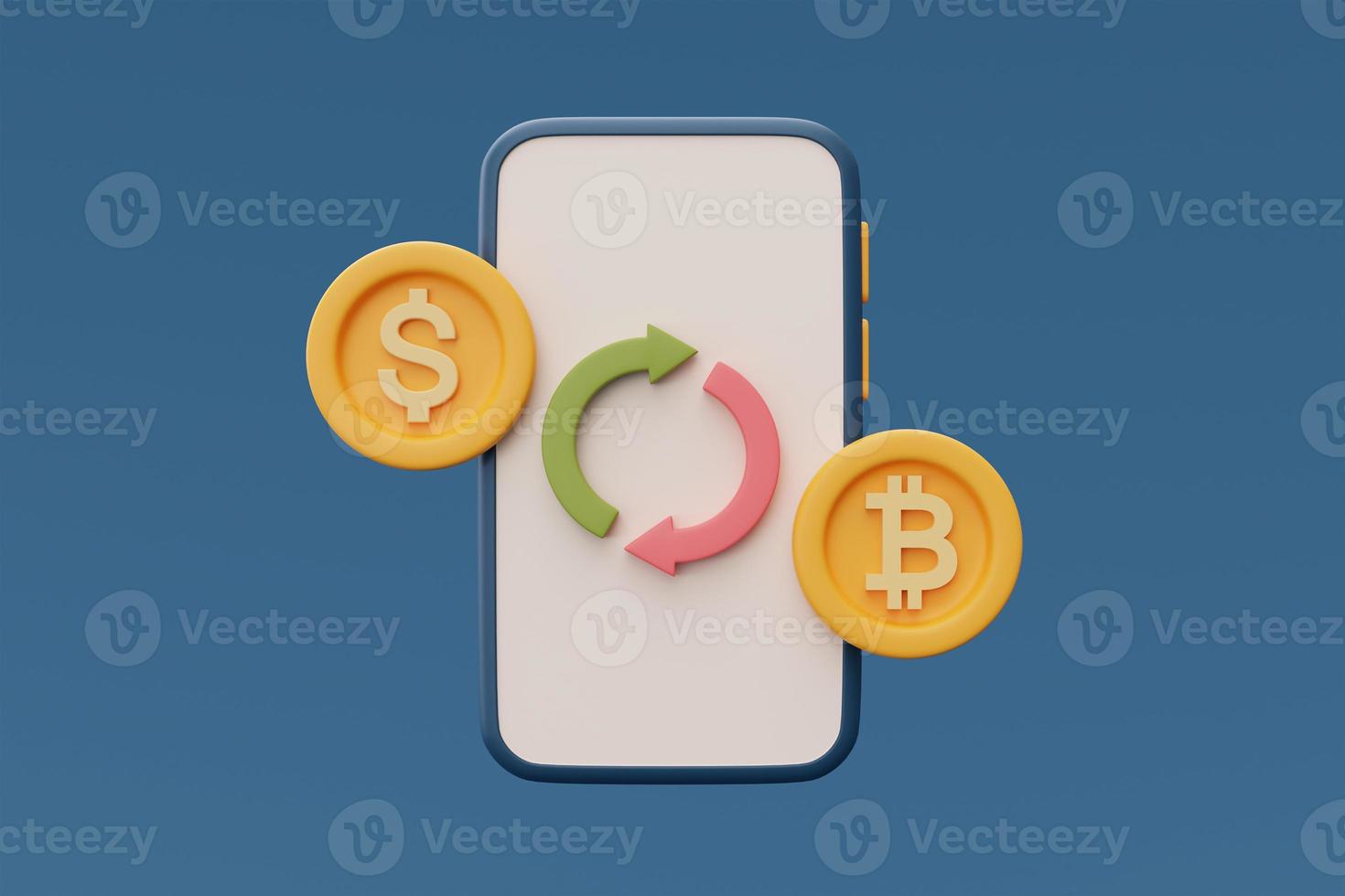 concetto di scambio di criptovaluta online con bitcoin e simbolo del dollaro, servizi di tecnologia blockchain, rendering 3d. foto