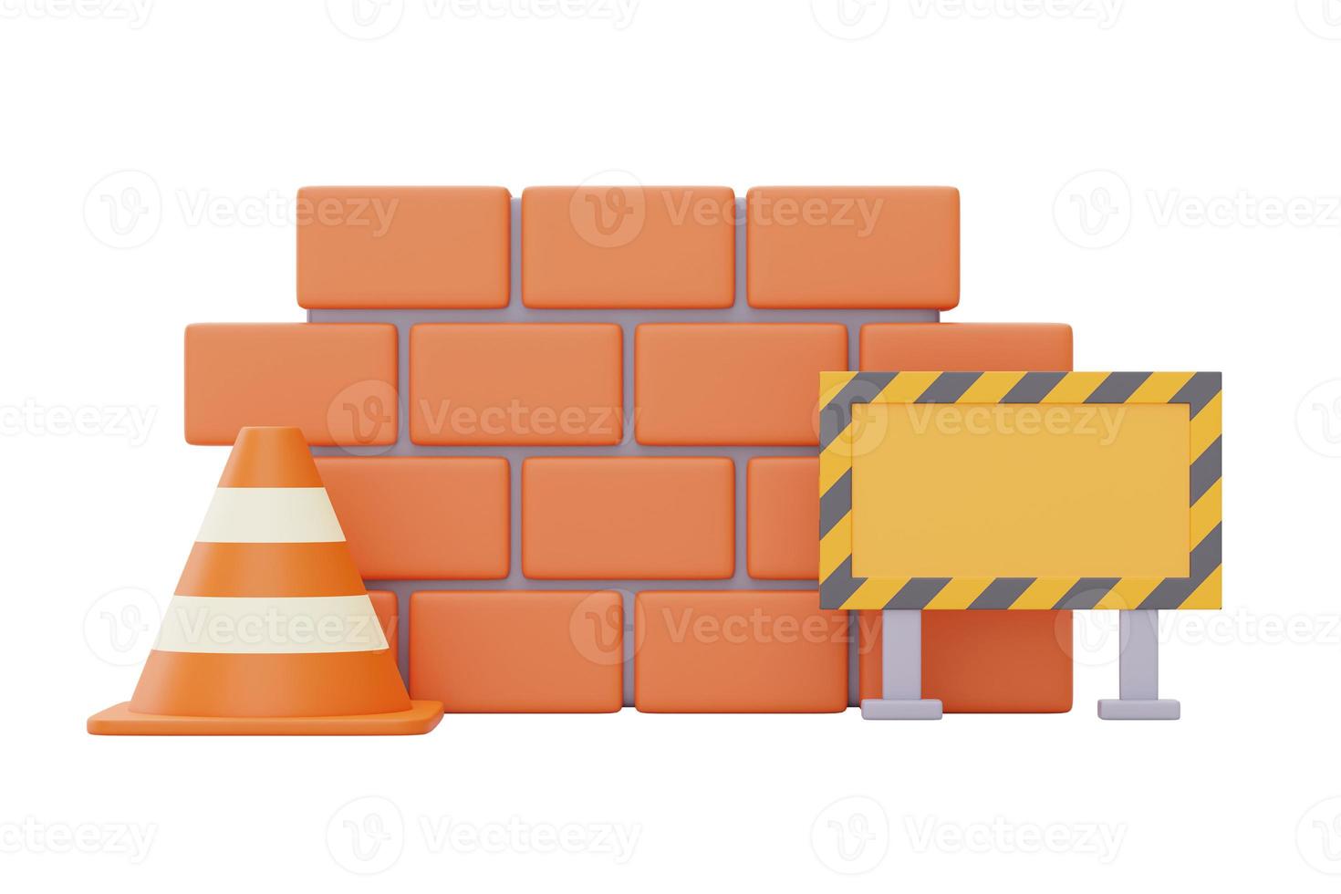 muro di mattoni con cartello in costruzione e cono di traffico, strumenti per la costruzione, felice festa del lavoro. Rendering 3d foto