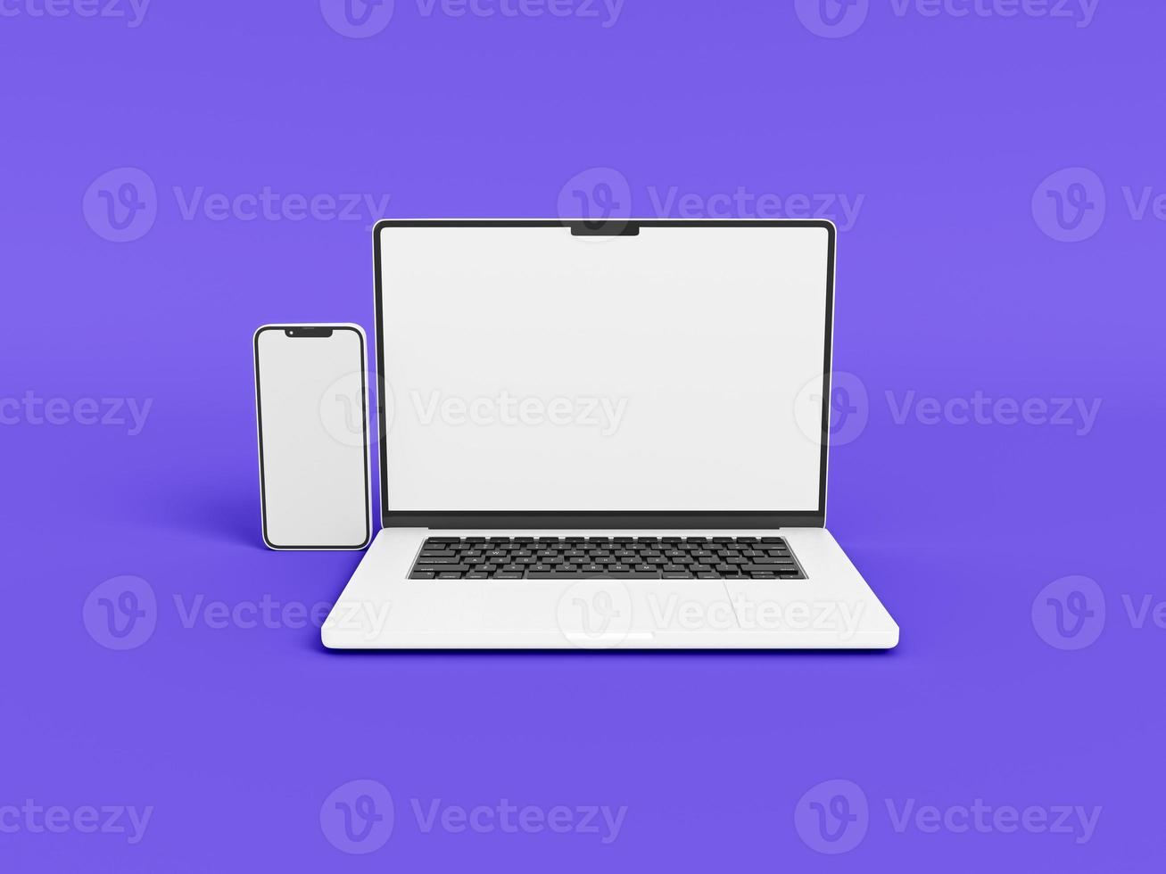 laptop e telefono smartphone su sfondo bianco in stile minimale per mockup e sito Web reattivo. computer portatile con schermo vuoto, telefono cellulare 2022. 3d rendering illustrazione foto