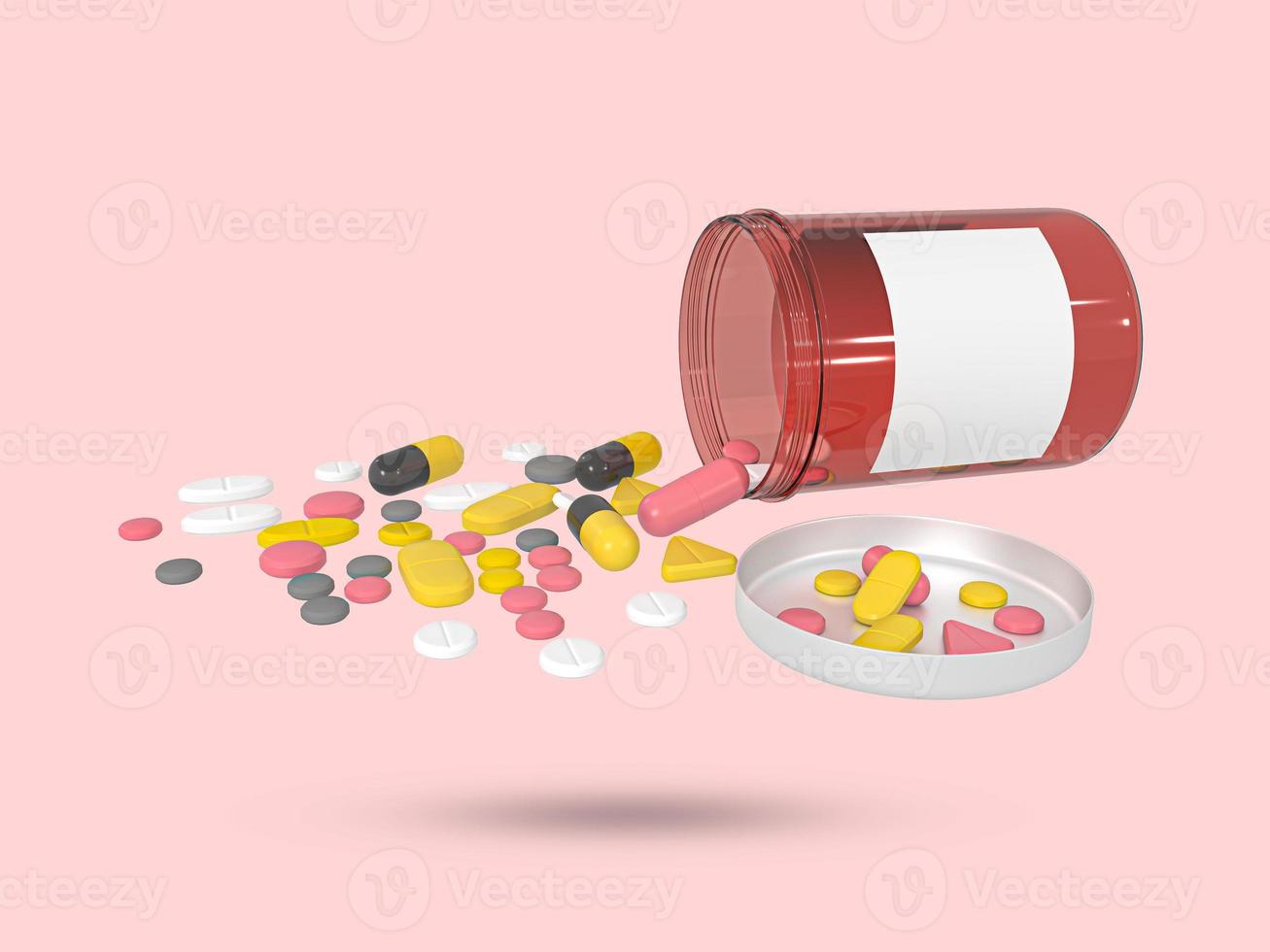 pillole medicinali, compresse capsule e bottiglia. pillole multicolori di varie forme. idea creativa per l'assistenza sanitaria, l'assicurazione sanitaria e l'azienda farmaceutica. illustrazione resa 3D. copia spazio. foto