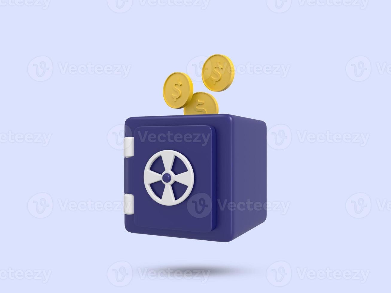 icona 3d del caveau di monete dei soldi. simbolo del caveau di denaro di colore blu. illustrazione di rendering 3d dell'icona di finanza. Icona del caveau di lucchetto 3d in un design minimale. simbolo del caveau di finanza su sfondo bianco. illustrazione resa 3D foto
