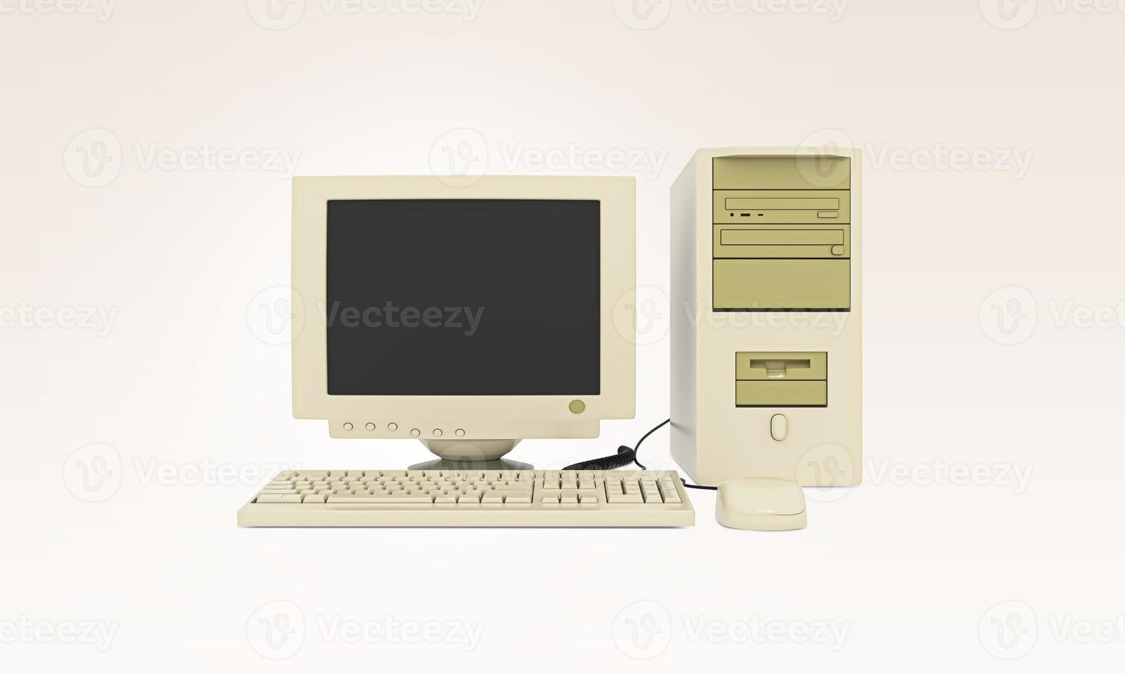 vecchio computer desktop vintage con tastiera e mouse. pc desktop vecchio stile. personal computer in stile retrò. illustrazione resa 3D. foto