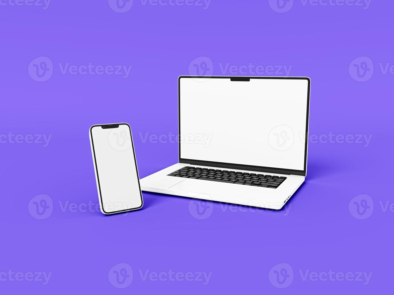 laptop e telefono smartphone su sfondo bianco in stile minimale per mockup e sito Web reattivo. computer portatile con schermo vuoto, telefono cellulare 2022. 3d rendering illustrazione foto