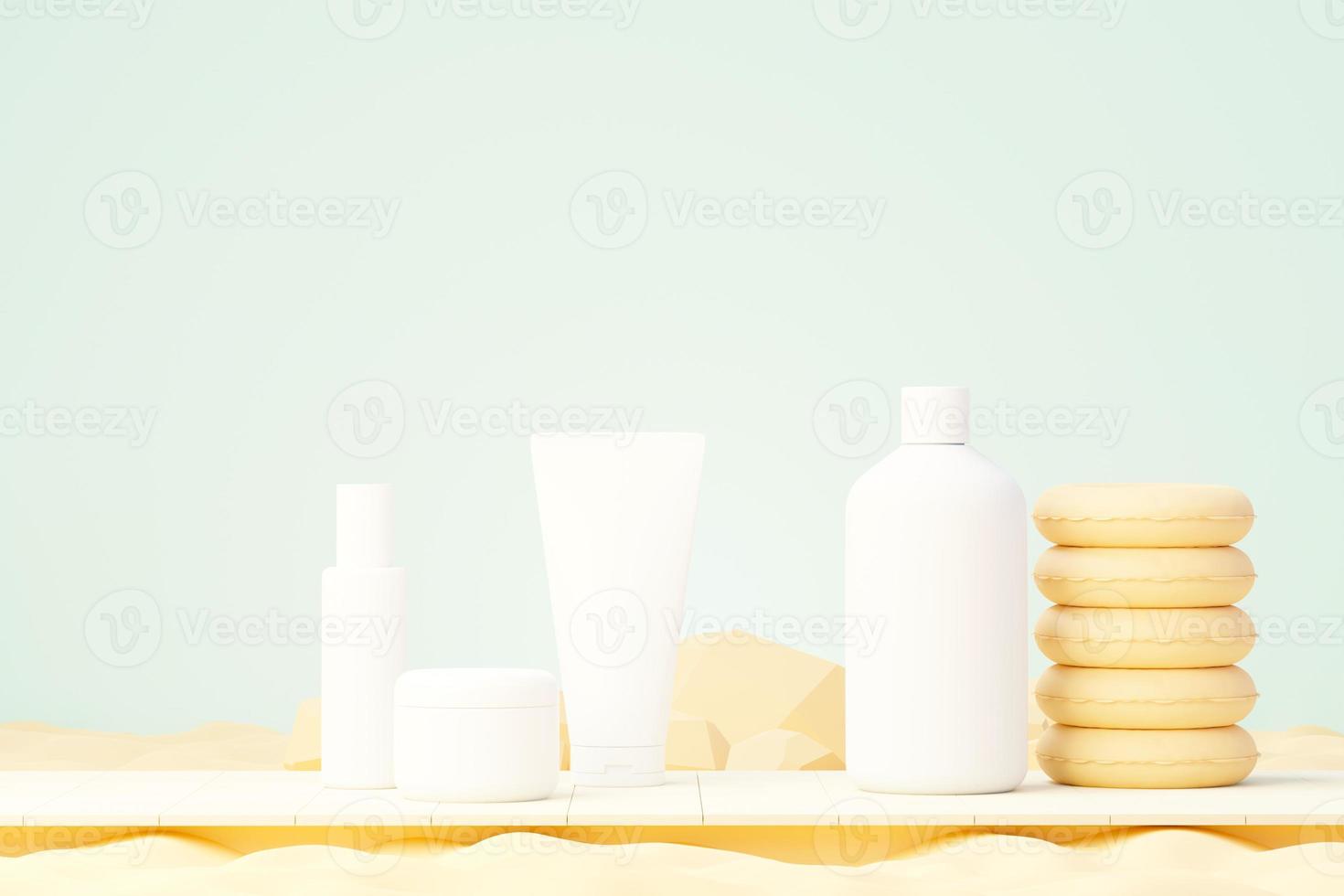 Rendering 3d di prodotti per la cura della pelle di cosmetici vuoti o imballaggi per mock up. concetto di sapone e spa di bellezza. lozione olio idratante per la salute della pelle. design premium e di lusso per il branding. foto