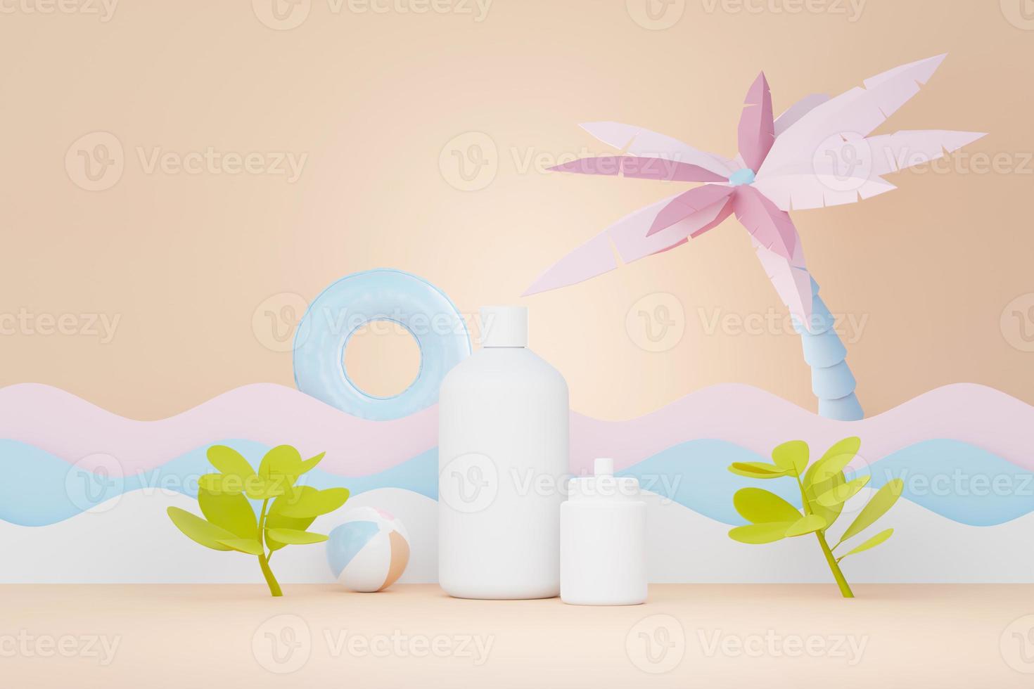 Rendering 3d di prodotti per la cura della pelle di cosmetici vuoti o imballaggi per mock up. concetto di sapone e spa di bellezza. lozione olio idratante per la salute della pelle. design premium e di lusso per il branding. foto