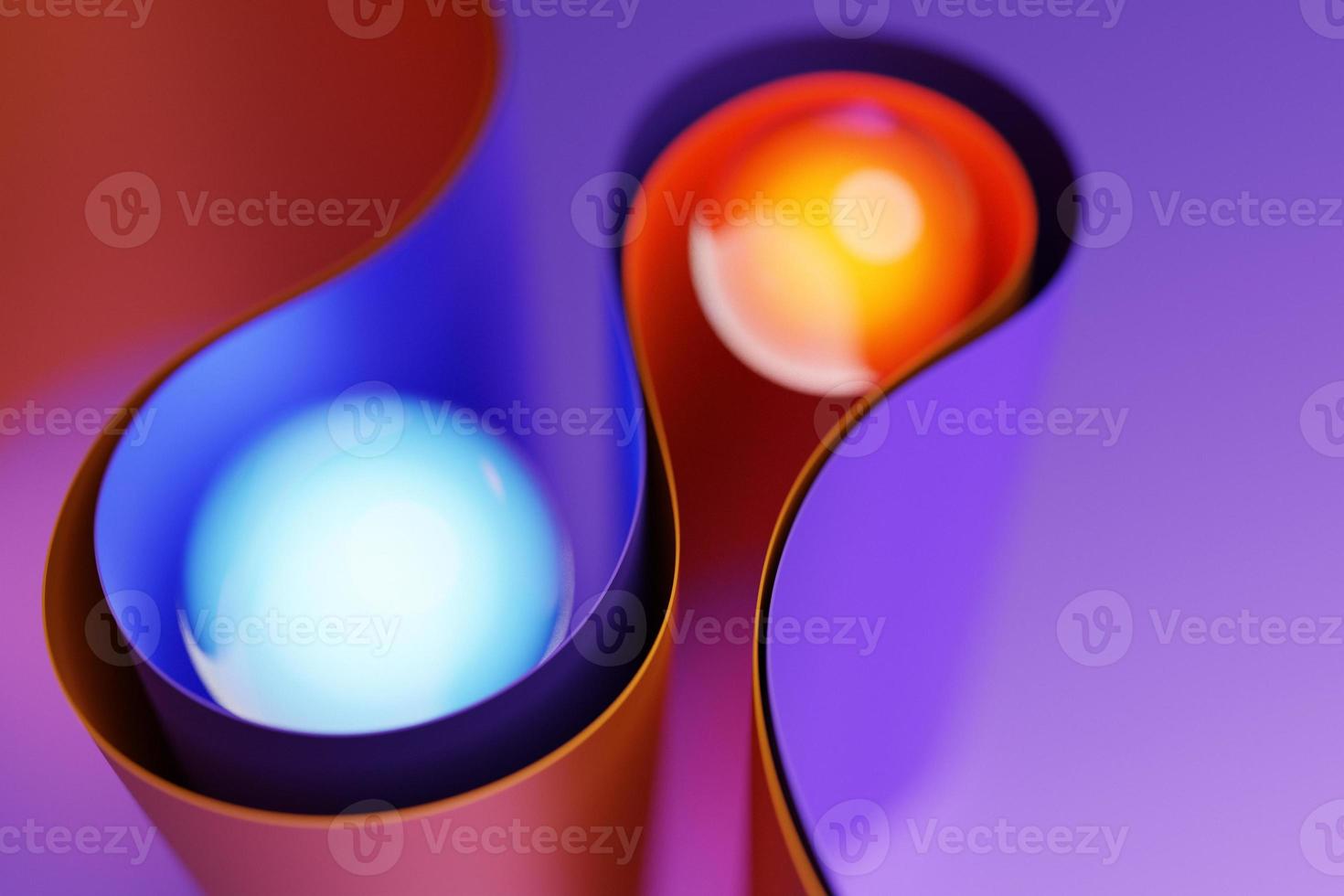 Illustrazione 3d di una superficie d'onda viola geometrica con sfere colorate luminose all'interno. modello di forme geometriche semplici foto