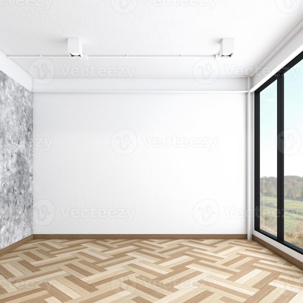 stanza vuota in stile industriale minimalista con pavimento in legno e muro di cemento. rendering 3D foto