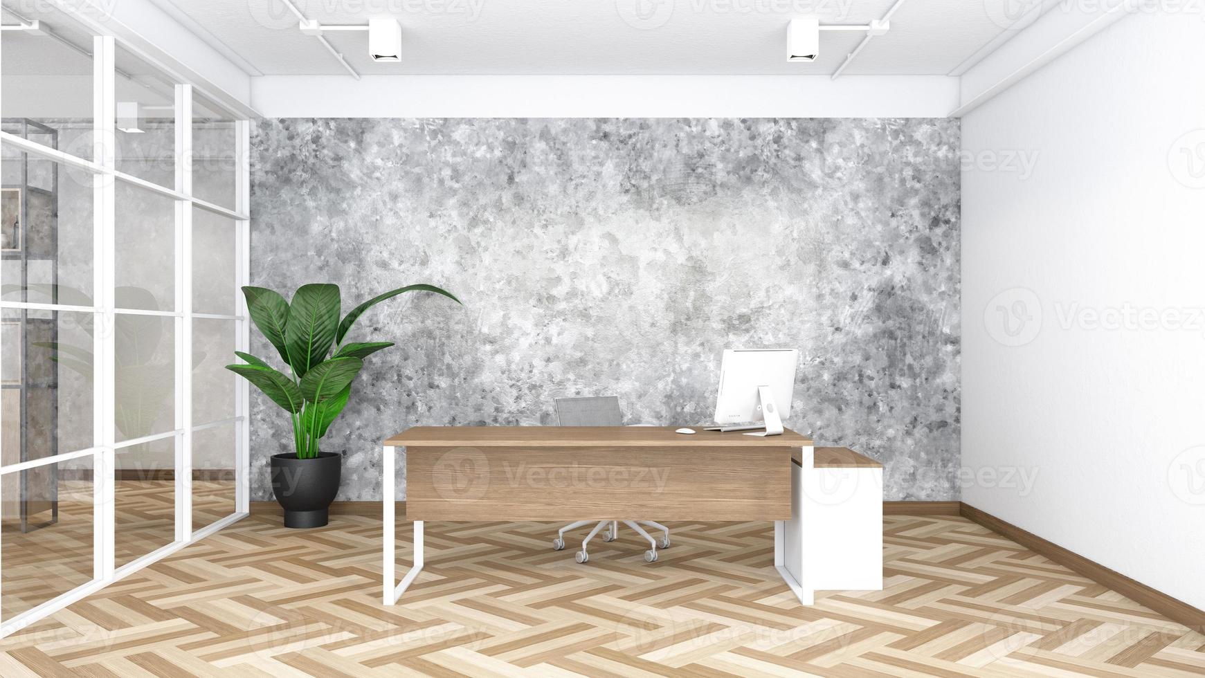 ufficio industriale in stile minimalista con scrivania manager, pavimento in legno e muro di cemento. rendering 3D foto