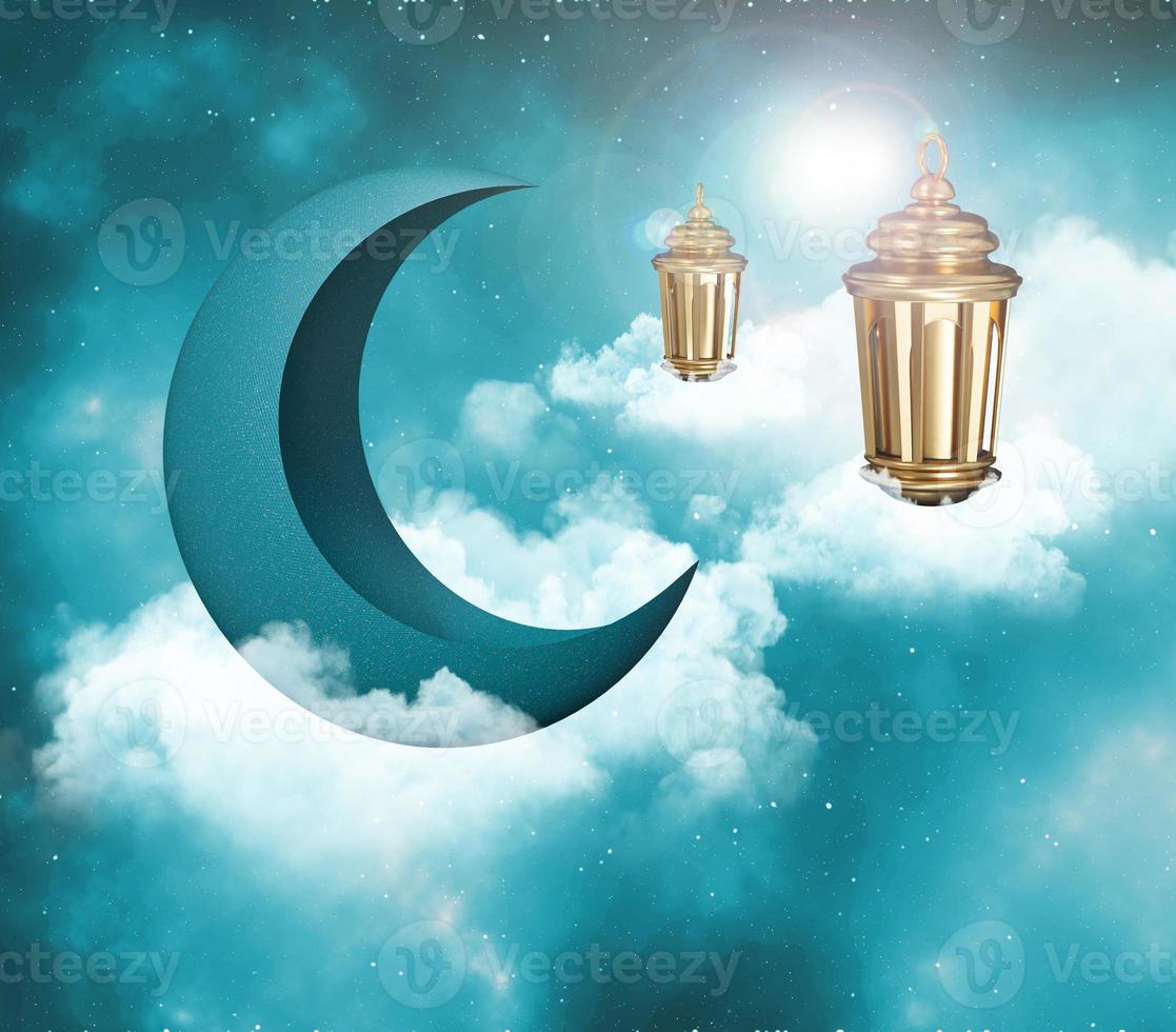 mezzaluna islamica con lanterna per ramadan kareem. mezza luna, disegno dell'illustrazione 3d della lampada dorata foto