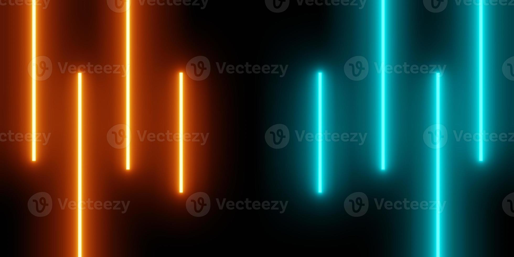 Rendering 3d di linee verticali luminose blu arancioni, sfondo astratto di luce al neon, stanza di fantascienza, concetto di tecnologia, display del prodotto, illustrazione, sfondo foto