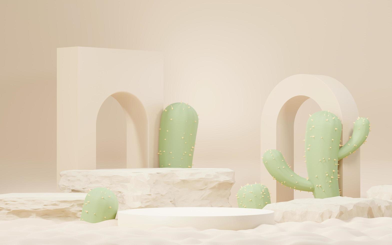 3d mock up podio crema marrone con mini tema deserto di cactus e sabbie. piedistallo per la presentazione di prodotti e cosmetici. scena colorata astratta per la pubblicità. sfondo di promozione della vendita. foto