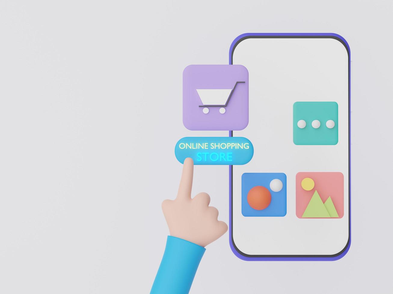 mano di rendering 3d che punta all'applicazione di acquisto online da smartphone. negozio digitale minimo per il prodotto del negozio. concetto di interfaccia tecnologica. foto