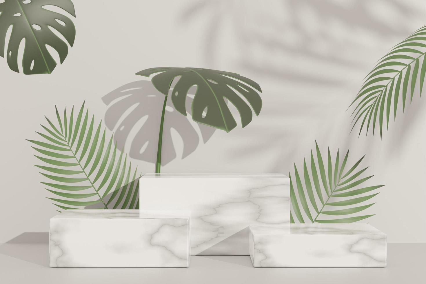 Rendering 3d del display astratto del podio del piedistallo con foglie di monstera tropicale. concetto di prodotto e promozione per la pubblicità. sfondo naturale verde. foto