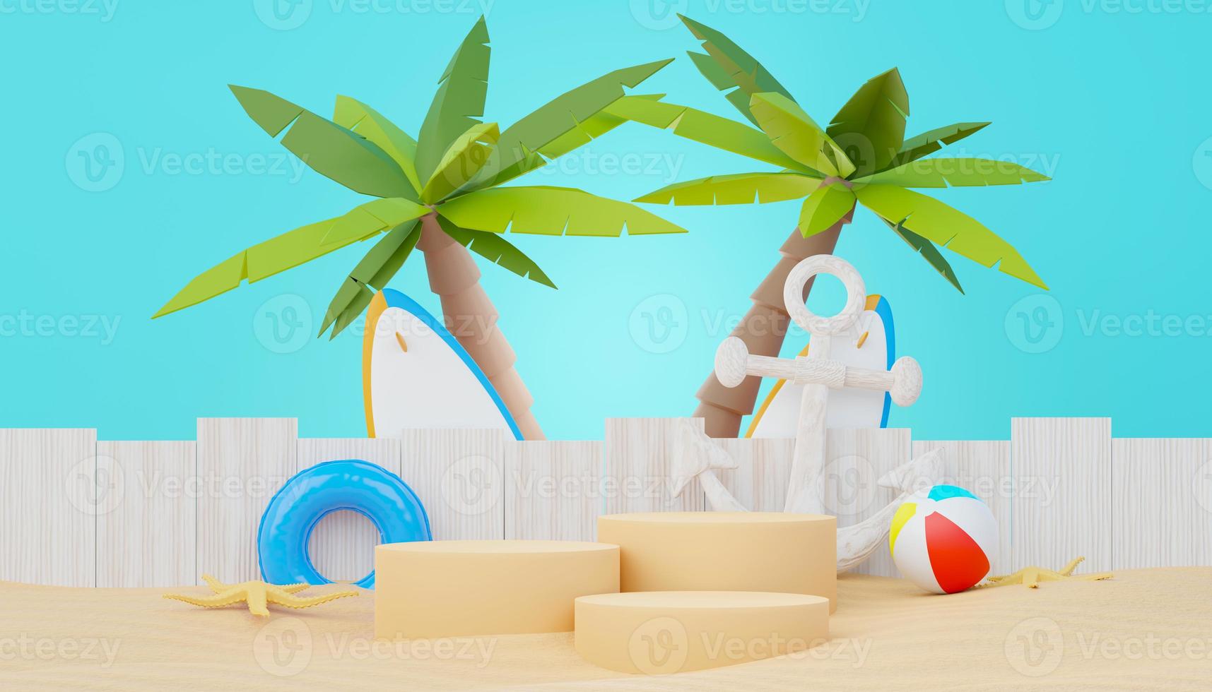 3d rendono il podio dei saldi estivi per mostrare il prodotto. scena di vacanze al mare in estate per il mock up. foto