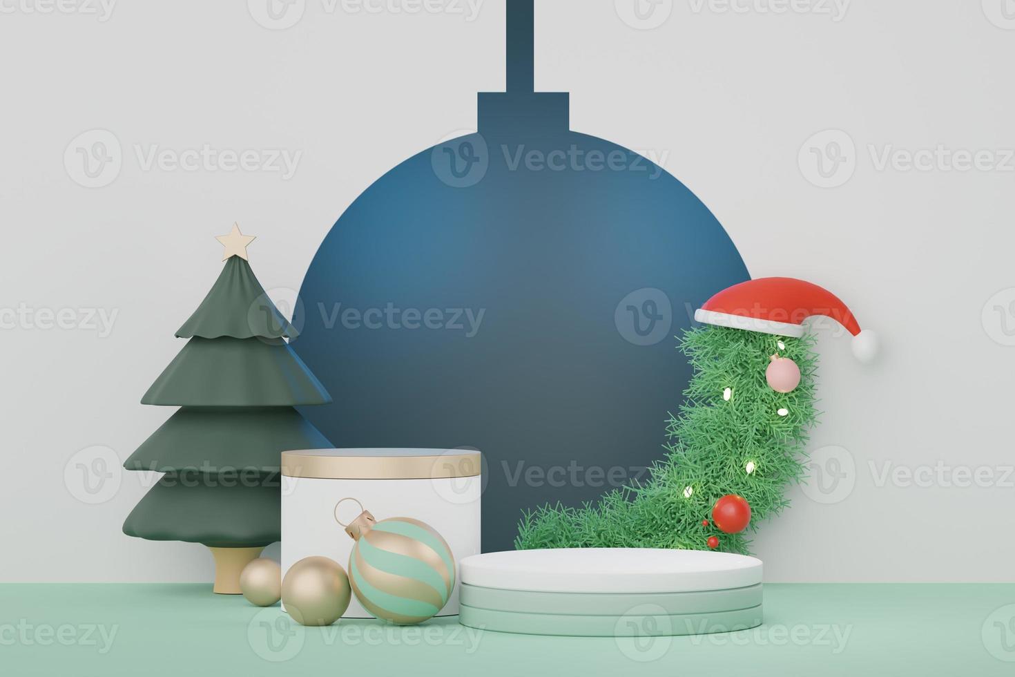 Podio di visualizzazione 3d per presentazione di prodotti e cosmetici con buon natale e felice anno nuovo concetto. geometrico moderno. piattaforma per simulare e mostrare il marchio. design minimale e pulito. foto