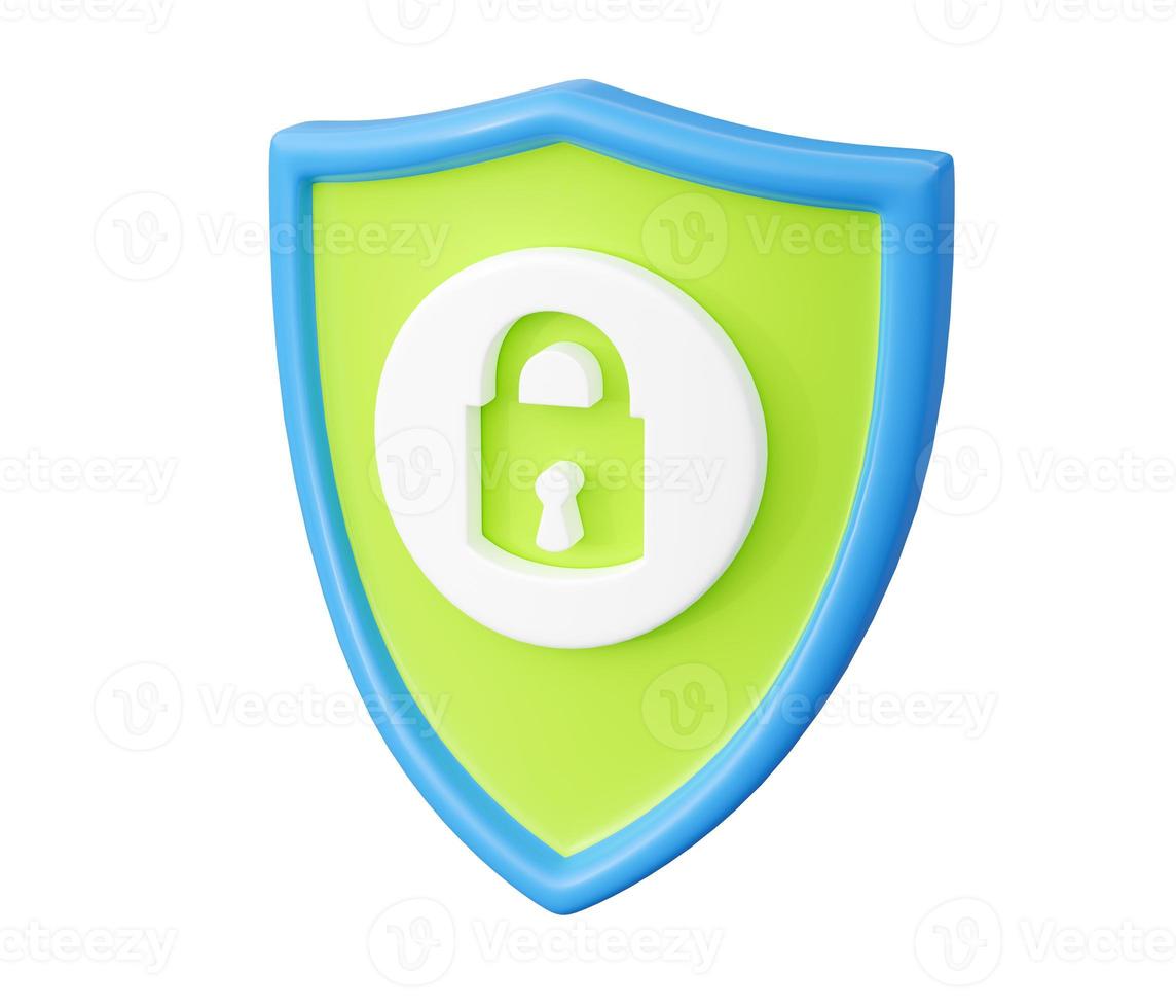 scudo con lucchetto rendering 3d - concetto di sicurezza e sicurezza con segno di blocco vicino sullo scudo. foto