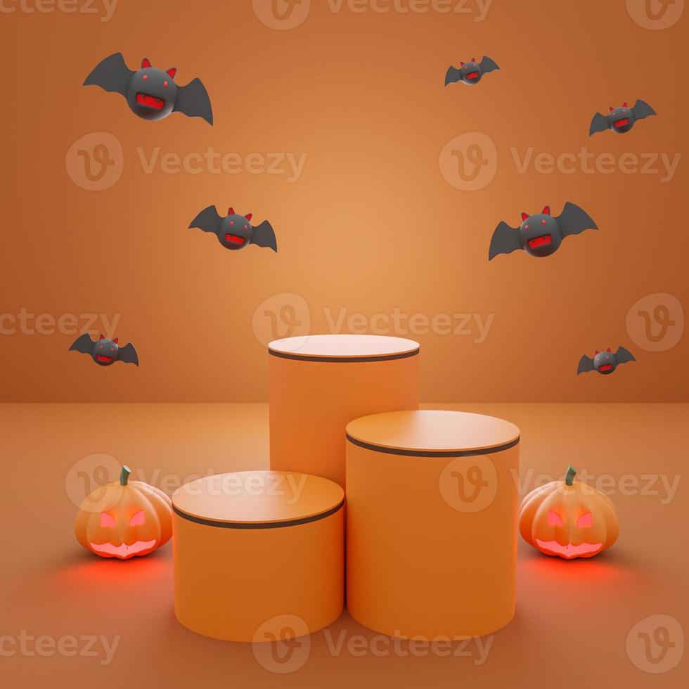 happy halloween, podio di presentazione del prodotto concept con fantasma di zucca e pipistrello, sfondo arancione. rendering 3D foto