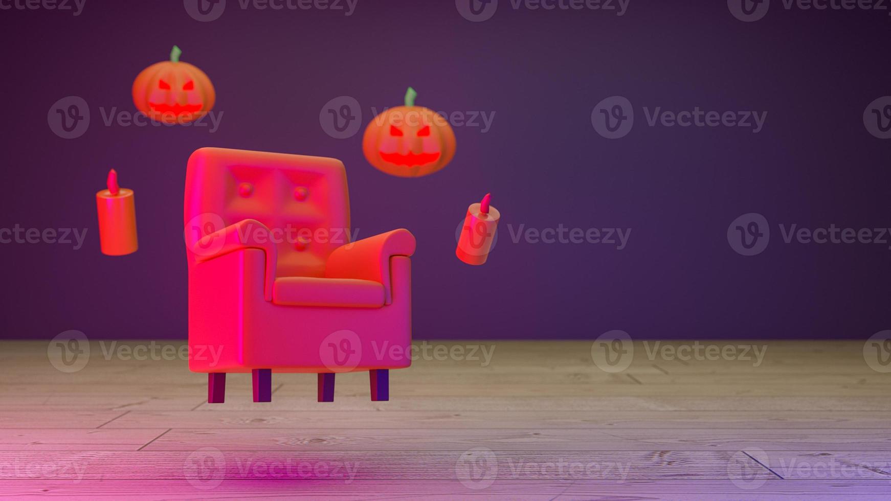 felice halloween, sedia galleggiante di concetto con fantasma di zucca su sfondo viola. rendering 3D foto