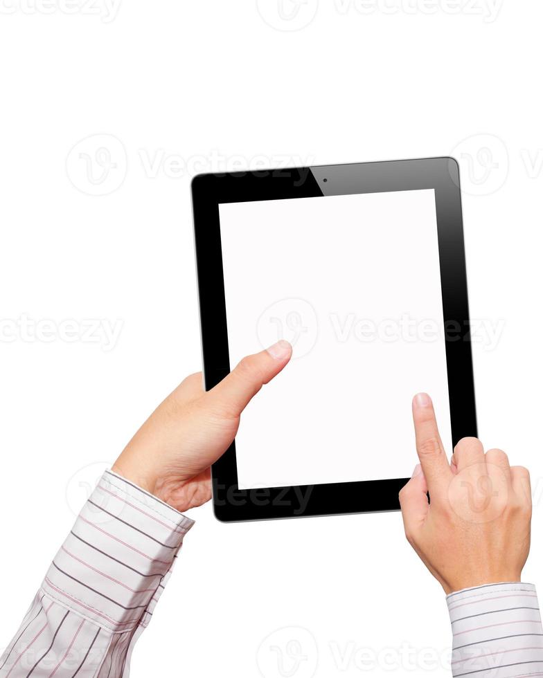 mani con computer tablet. isolato su sfondo bianco. foto