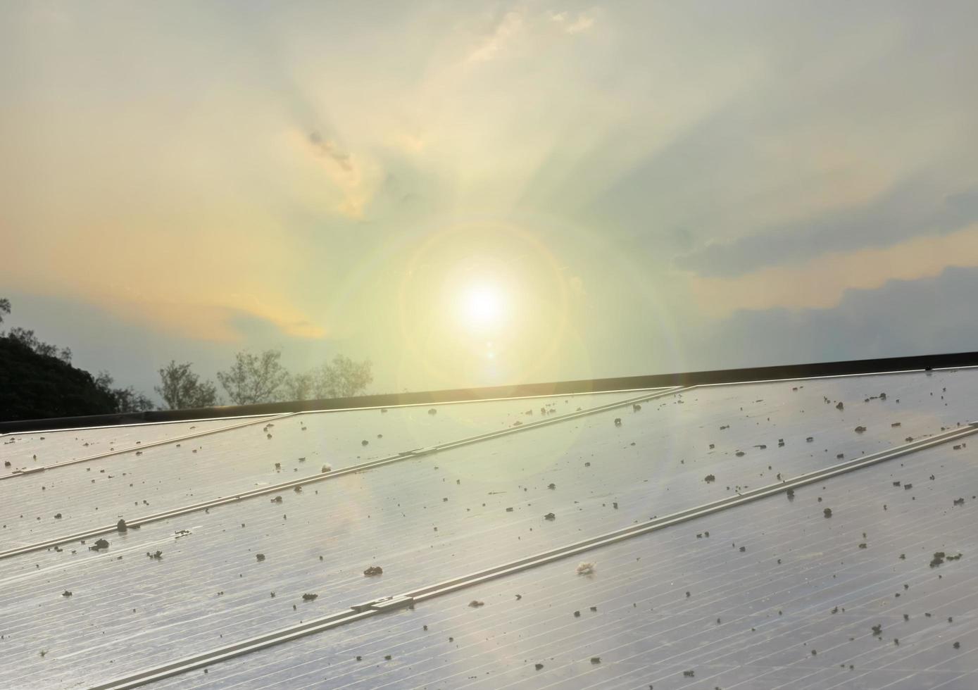 pannello fotovoltaico sul tetto dell'edificio che sporca di polvere, caduta di uccelli in superficie foto