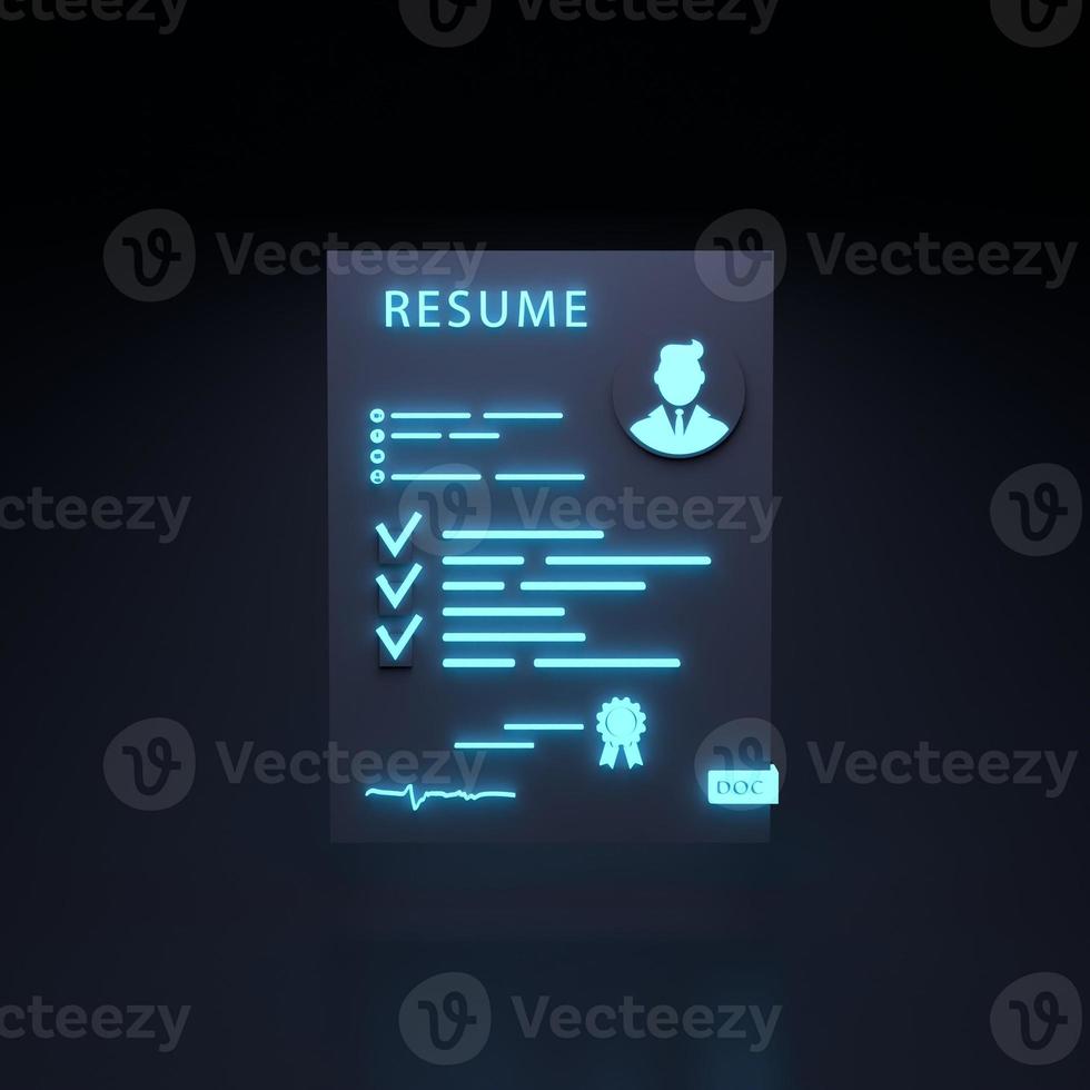 icona al neon del curriculum del candidato. concetto di ricerca del personale. illustrazione di rendering 3d. foto