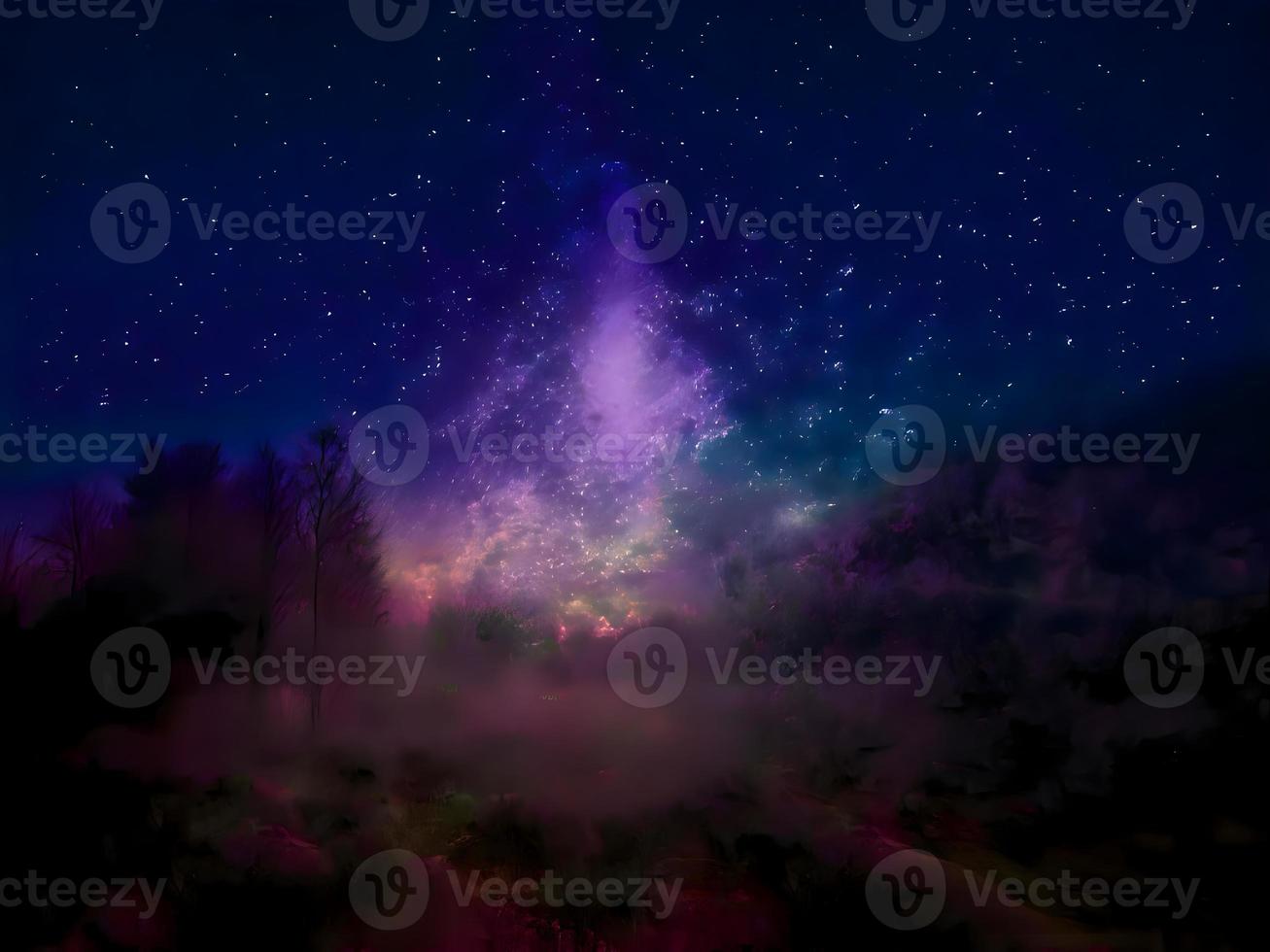 via lattea e luce rosa in montagna. paesaggio colorato notturno. cielo stellato con colline. bellissimo universo. sfondo dello spazio con la galassia. sfondo di viaggio foto