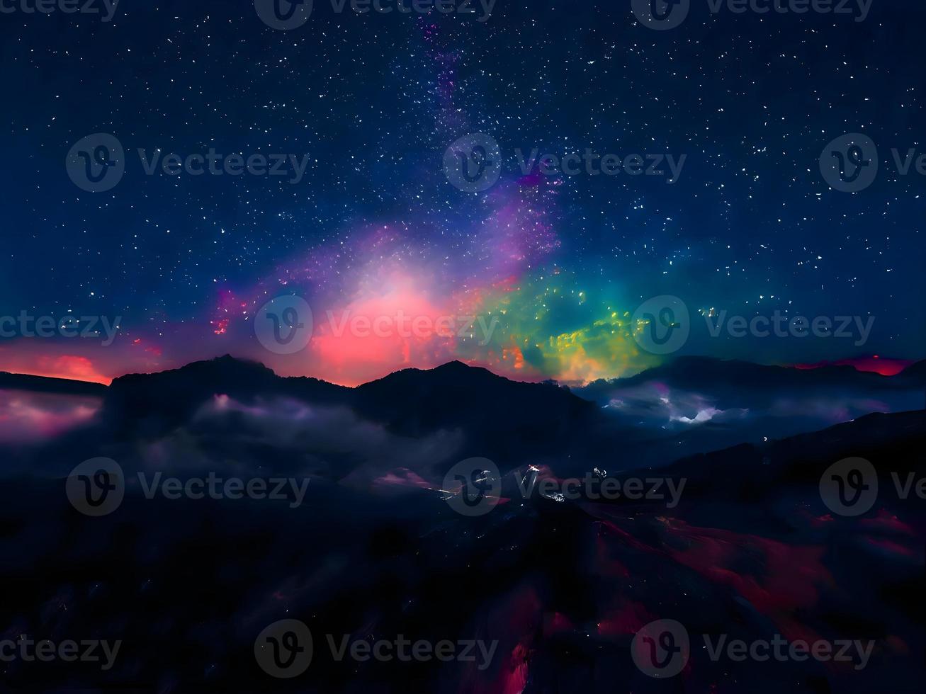 via lattea e luce rosa in montagna. paesaggio colorato notturno. cielo stellato con colline. bellissimo universo. sfondo dello spazio con la galassia. sfondo di viaggio foto