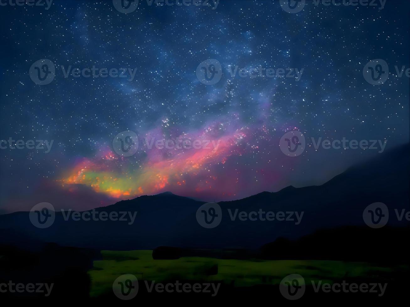 via lattea e luce rosa in montagna. paesaggio colorato notturno. cielo stellato con colline. bellissimo universo. sfondo dello spazio con la galassia. sfondo di viaggio foto