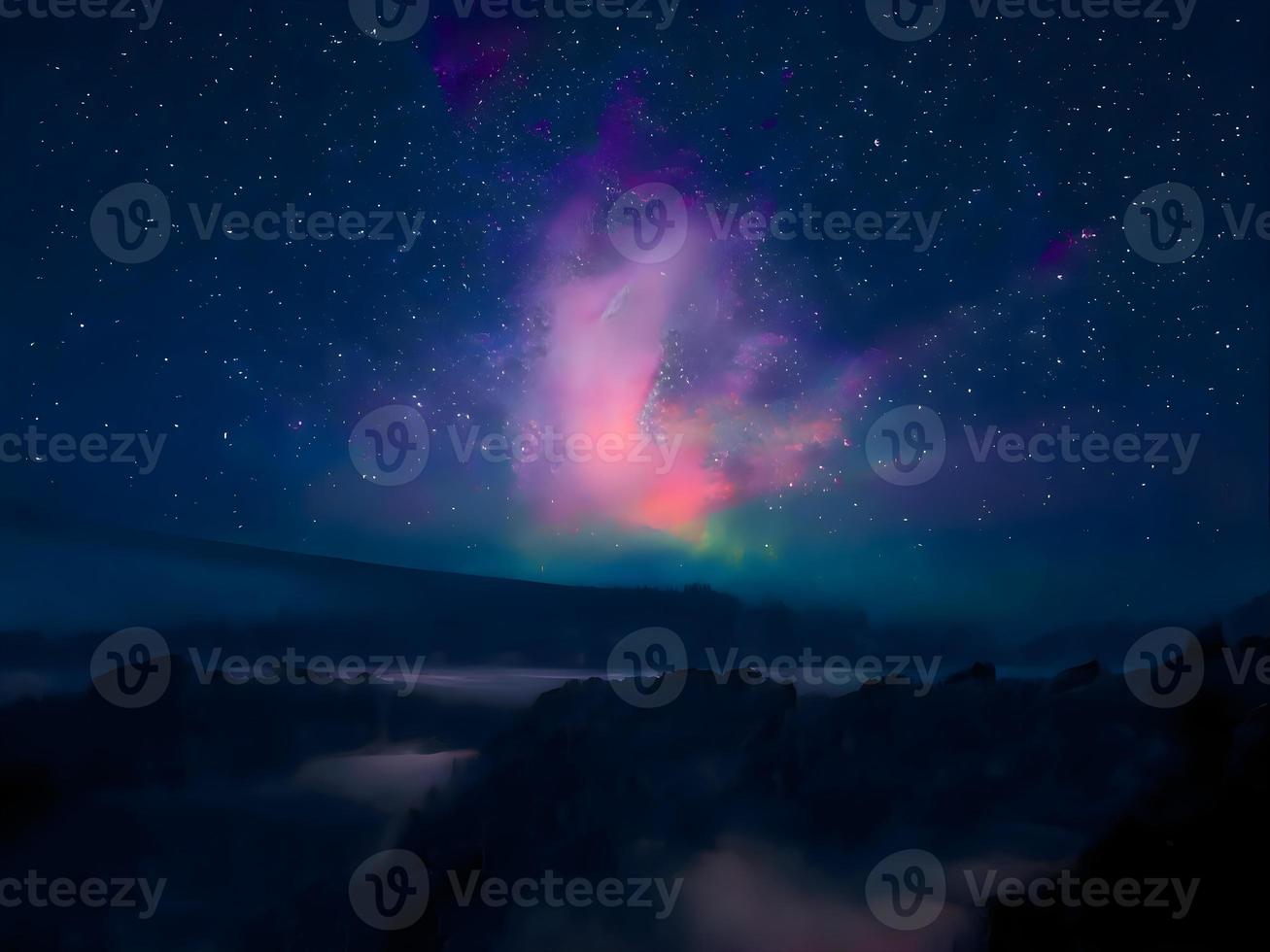 via lattea e luce rosa in montagna. paesaggio colorato notturno. cielo stellato con colline. bellissimo universo. sfondo dello spazio con la galassia. sfondo di viaggio foto