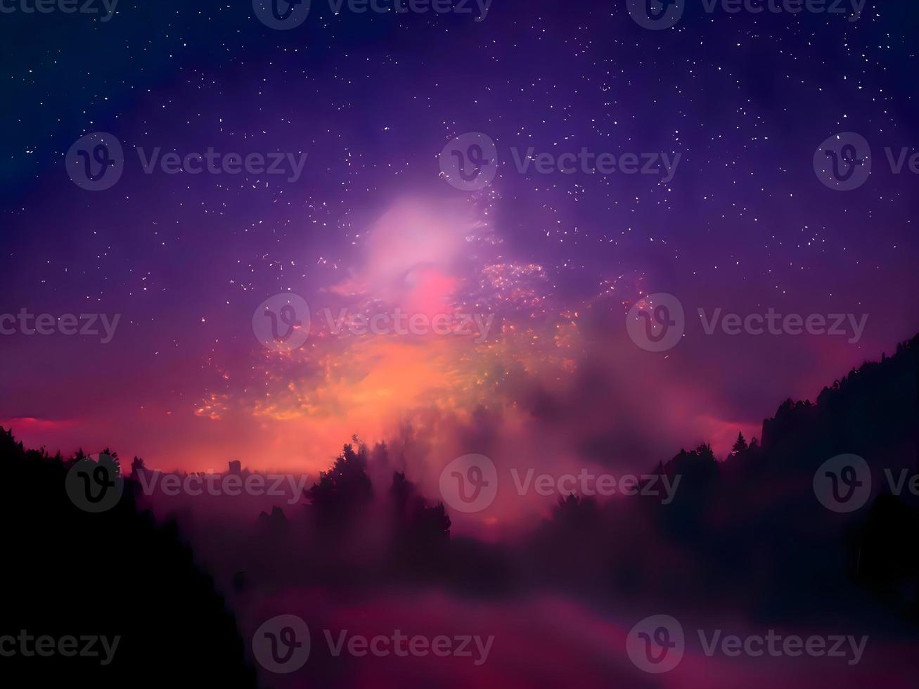 via lattea e luce rosa in montagna. paesaggio colorato notturno. cielo stellato con colline. bellissimo universo. sfondo dello spazio con la galassia. sfondo di viaggio foto