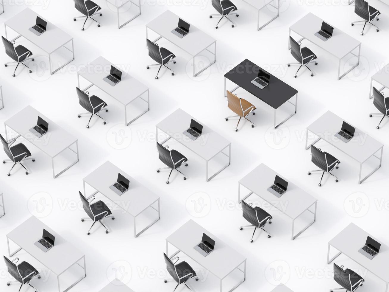 vista dall'alto dei luoghi di lavoro aziendali simmetrici sul pavimento bianco foto