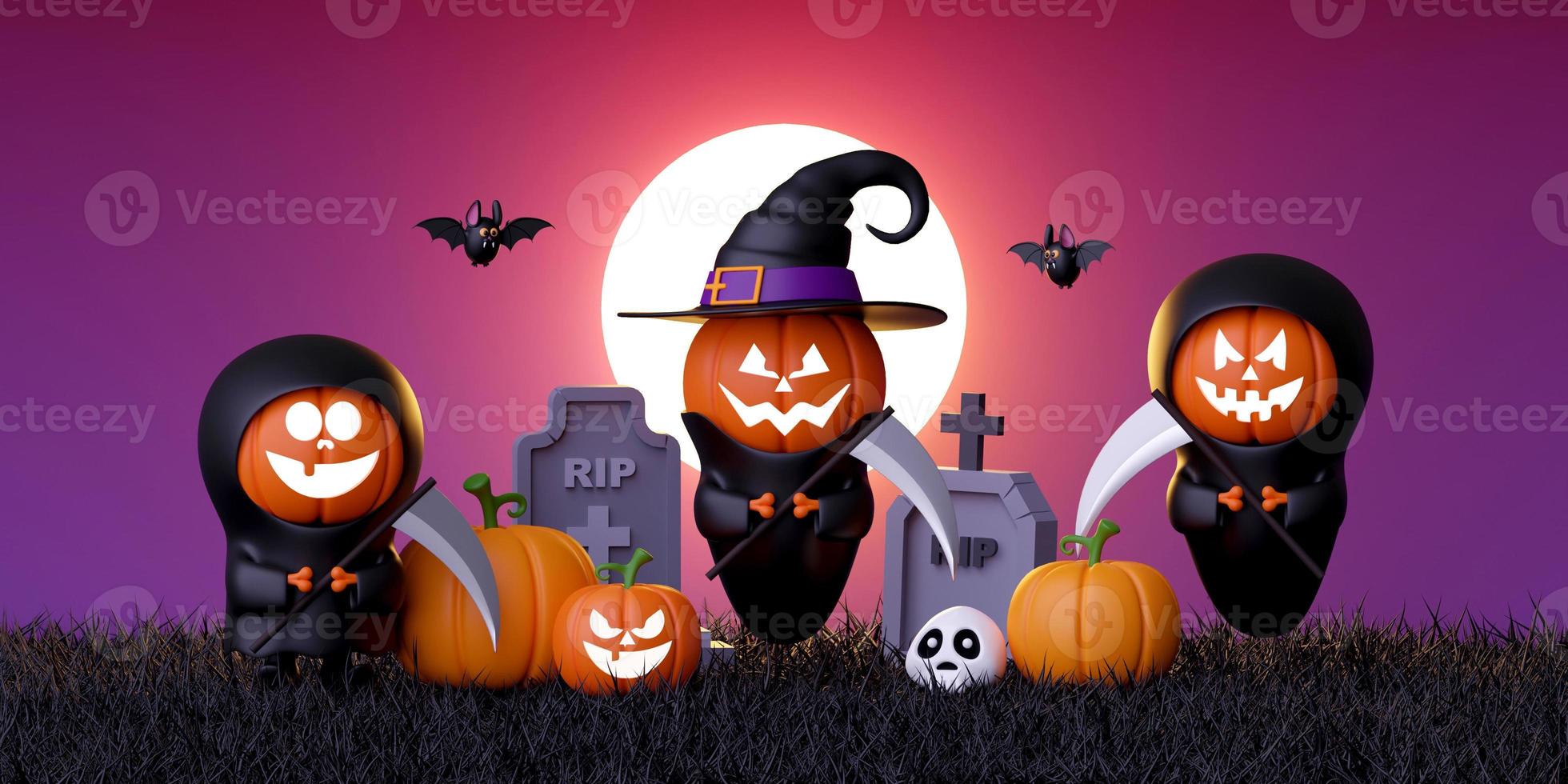 Illustrazione 3d di zucche fantasma nel cimitero, felice halloween foto