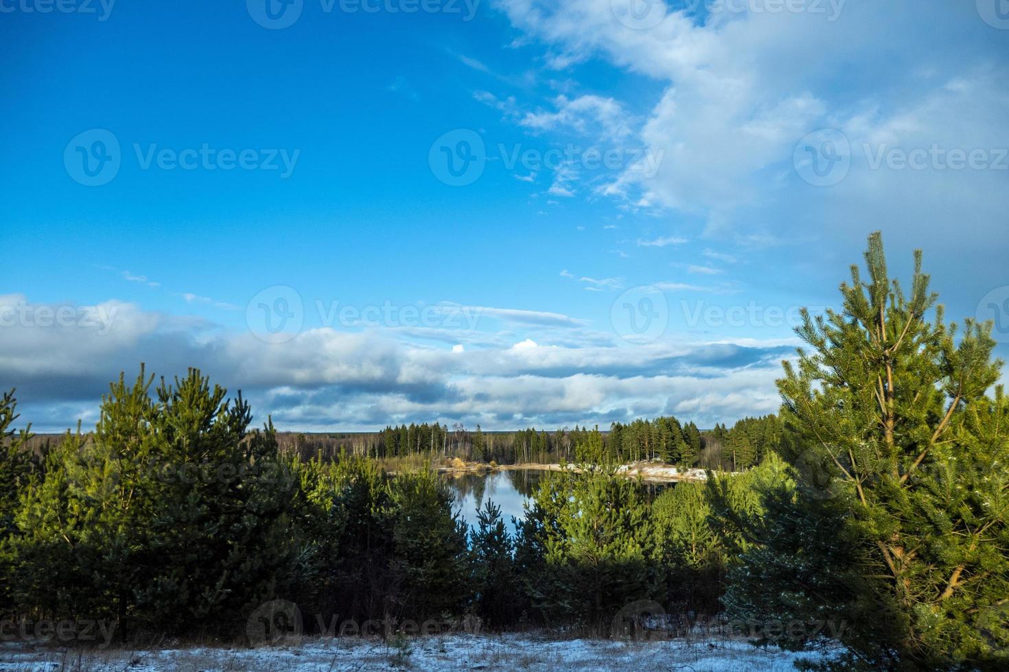 paesaggio primaverile con un bellissimo lago con abeti e ultima neve contro un cielo nuvoloso foto