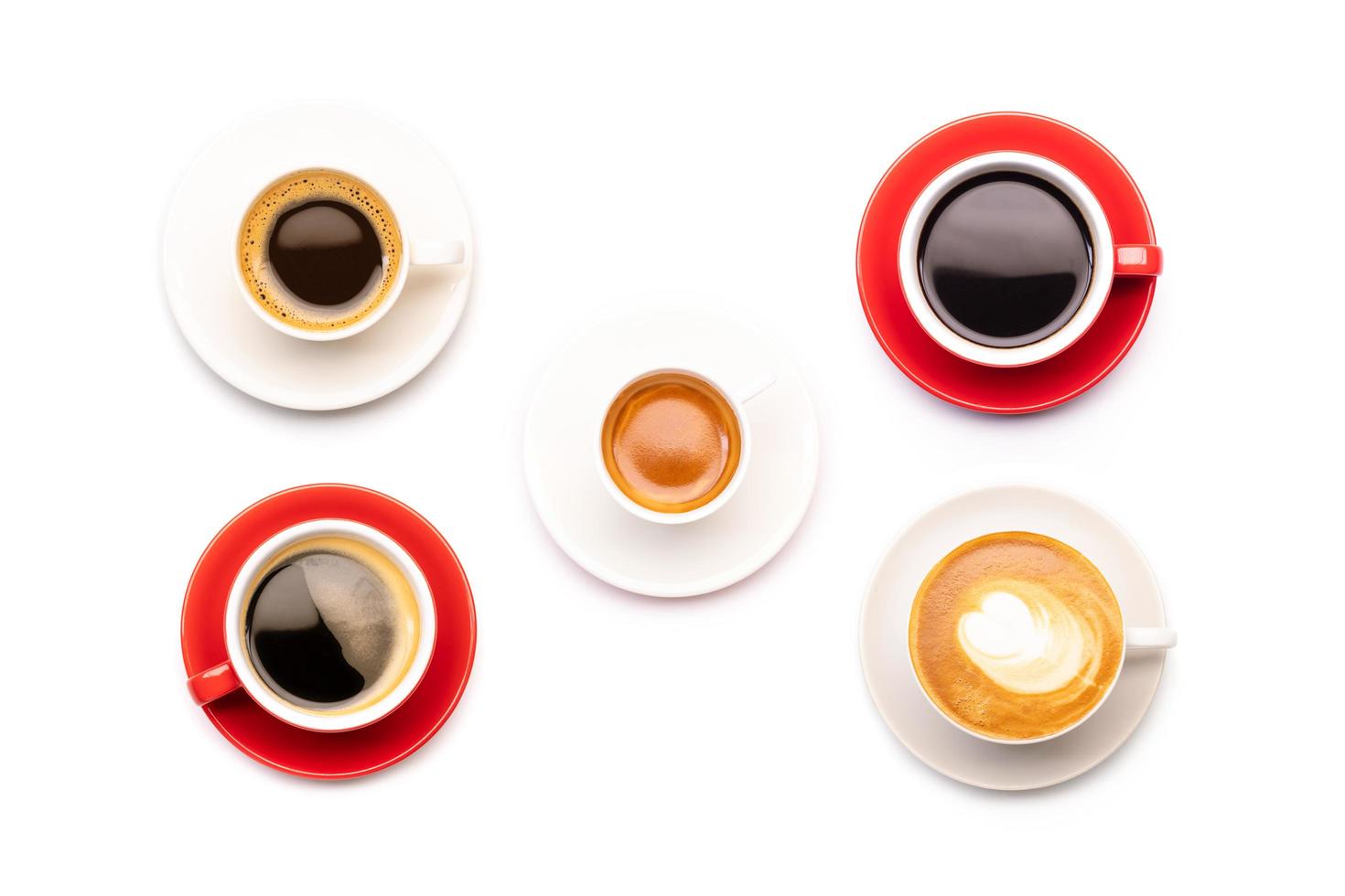 vista dall'alto imposta una tazza di caffè in diversi menu isolati su bianco foto
