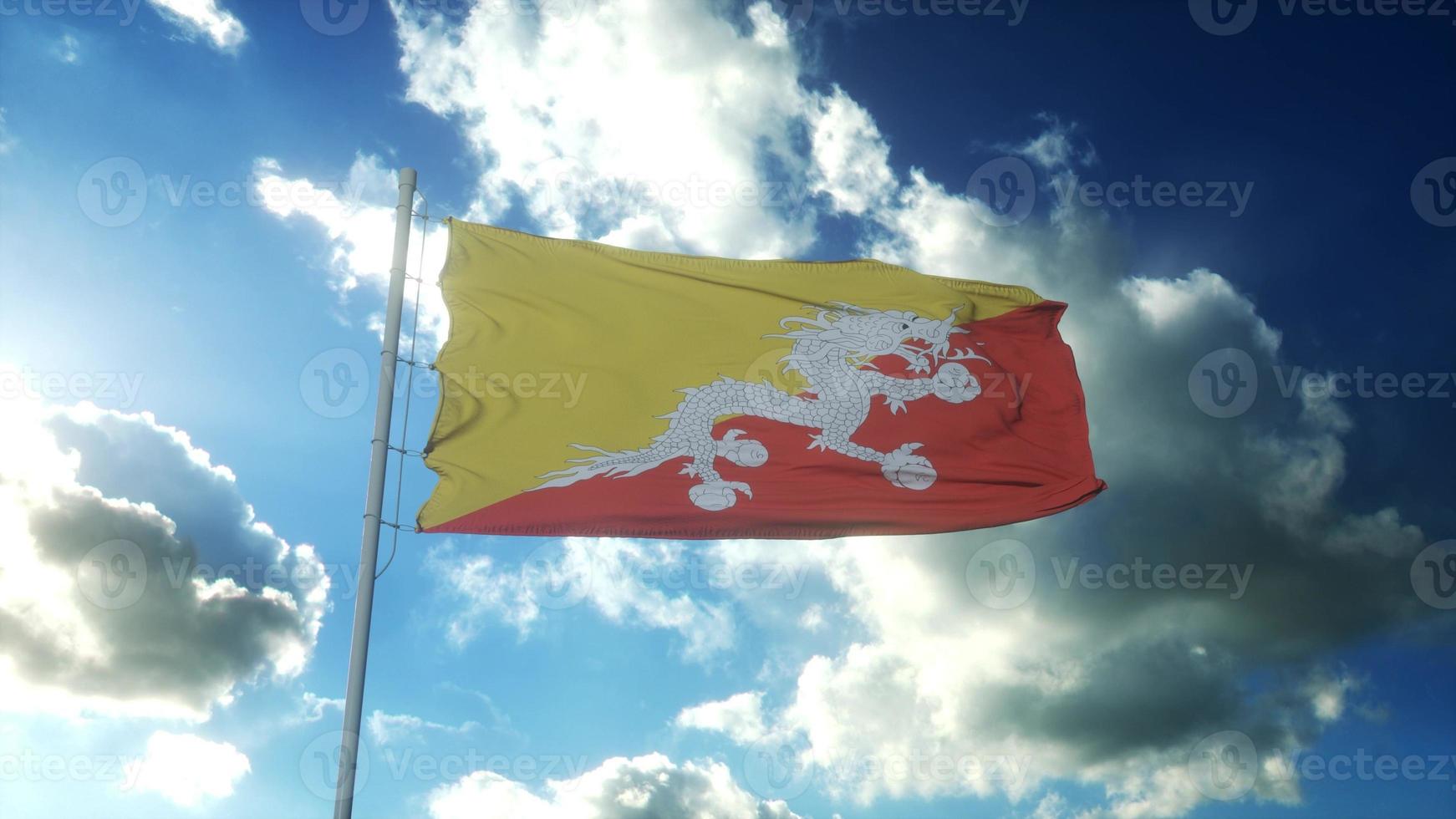 bandiera del bhutan che sventola contro il bel cielo blu. rendering 3D foto