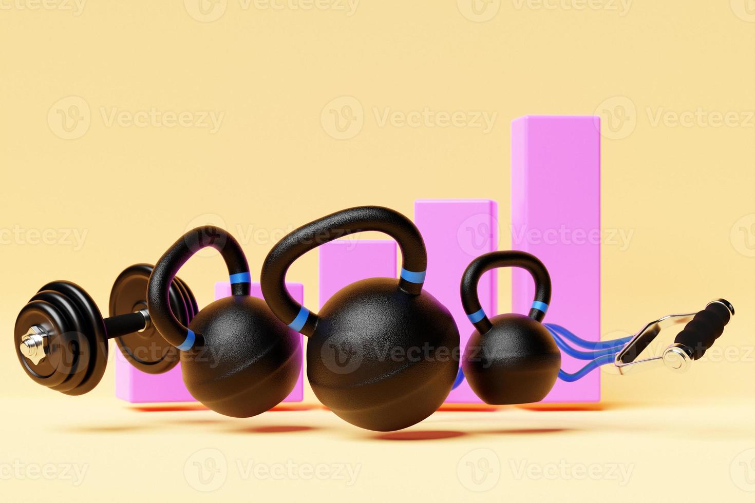 illustrazione 3d, manubri neri, kettlebell e fasce fitness sullo sfondo di un grafico di crescita foto