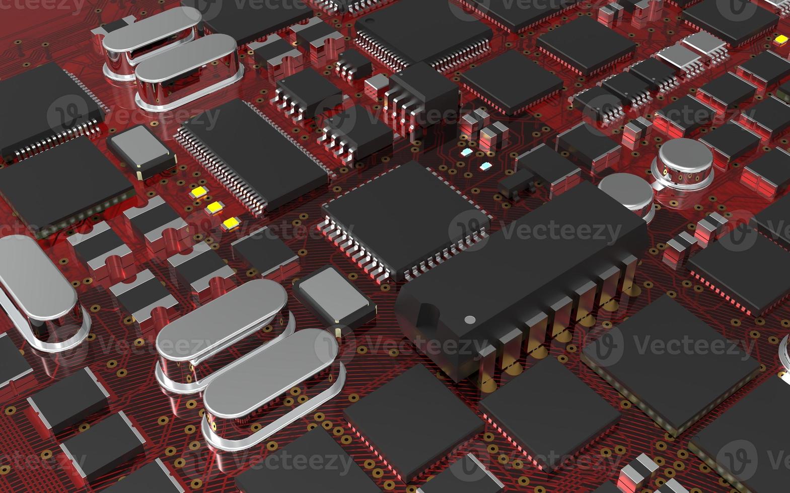 chip del processore su un circuito stampato con retroilluminazione rossa. illustrazione 3d sul tema della tecnologia e del potere dell'intelligenza artificiale. foto