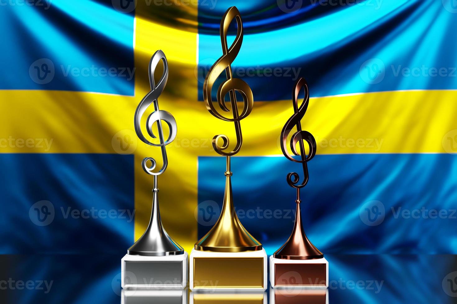 treble clef awards per aver vinto il premio musicale sullo sfondo della bandiera nazionale della svezia, illustrazione 3d. foto