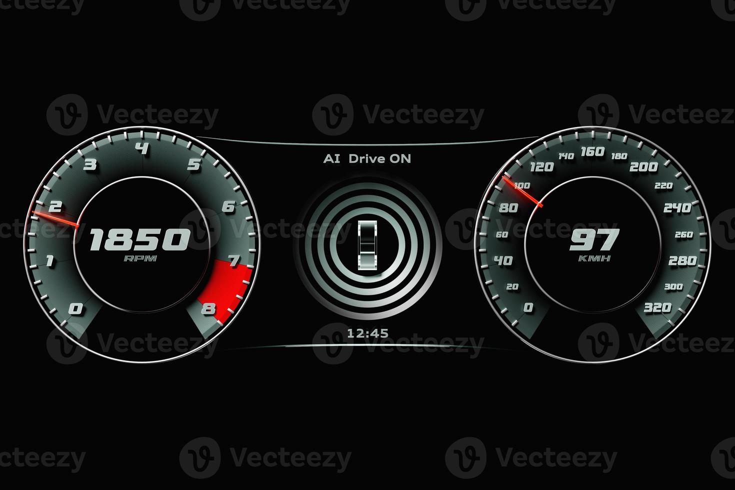 Illustrazione 3d dei nuovi dettagli interni dell'auto. il tachimetro mostra una velocità massima di 97 km h, contagiri con retroilluminazione blu, rossa. design e interni di un'auto moderna. foto
