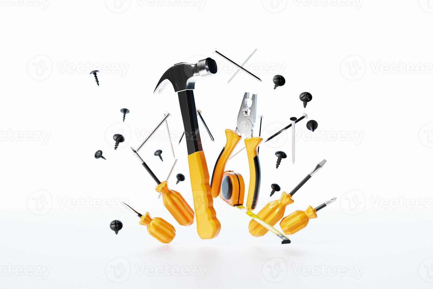 illustrazione 3d cacciavite, martello, pinze, viti, ecc. per lavori a mano. vari strumenti di lavoro. concetto di costruzione, costruzione, ristrutturazione. foto