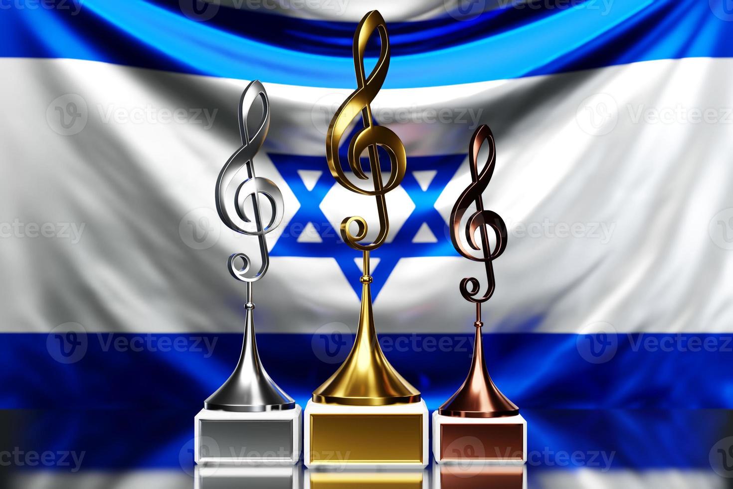 premi a chiave di violino per aver vinto il premio musicale sullo sfondo della bandiera nazionale di Israele, illustrazione 3d. foto