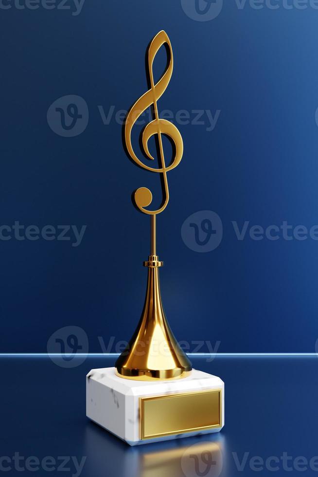 premio musicale d'oro con una chiave di violino su sfondo blu, illustrazione 3d foto