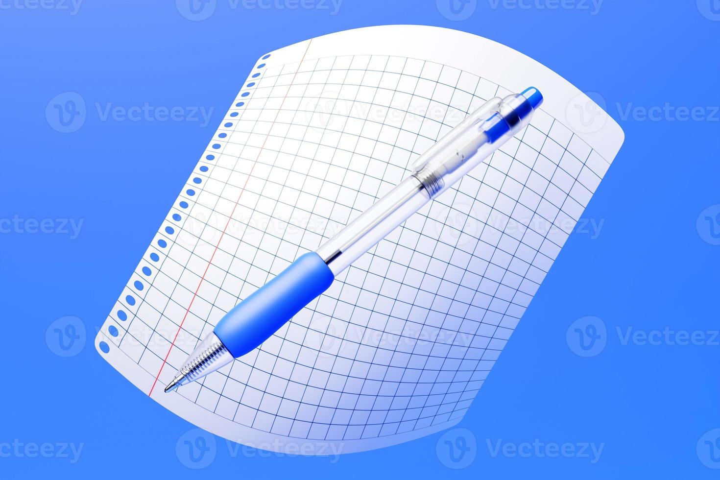 illustrazione 3d, un quaderno scolastico in una gabbia e una penna blu. cancelleria scolastica. di nuovo a scuola foto
